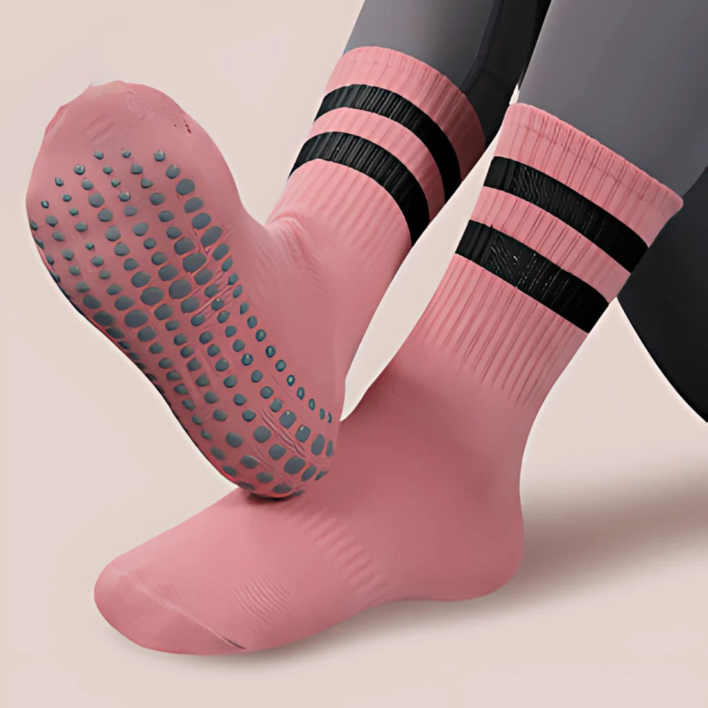 BREATHABLE COTTON YOGA SOCKS FOR WOMEN - 2 Black Bars Pink / One Size - Yoga Socks