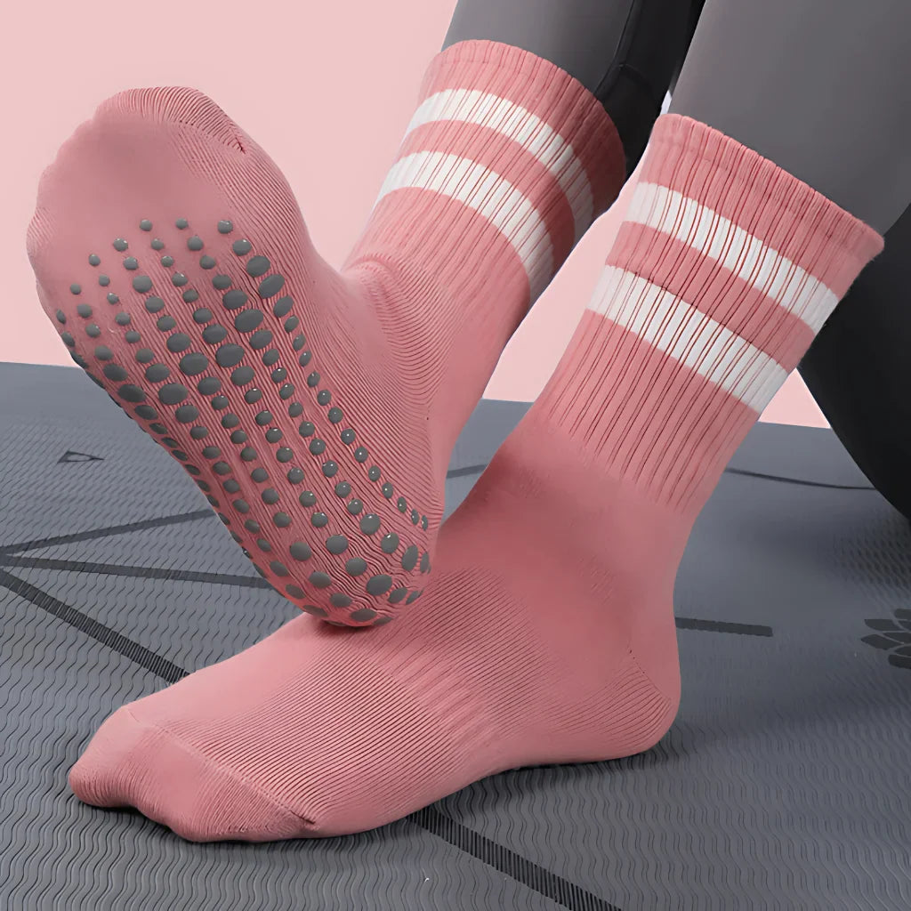 BREATHABLE COTTON YOGA SOCKS FOR WOMEN - 2 White Bars Pink / One Size - Yoga Socks