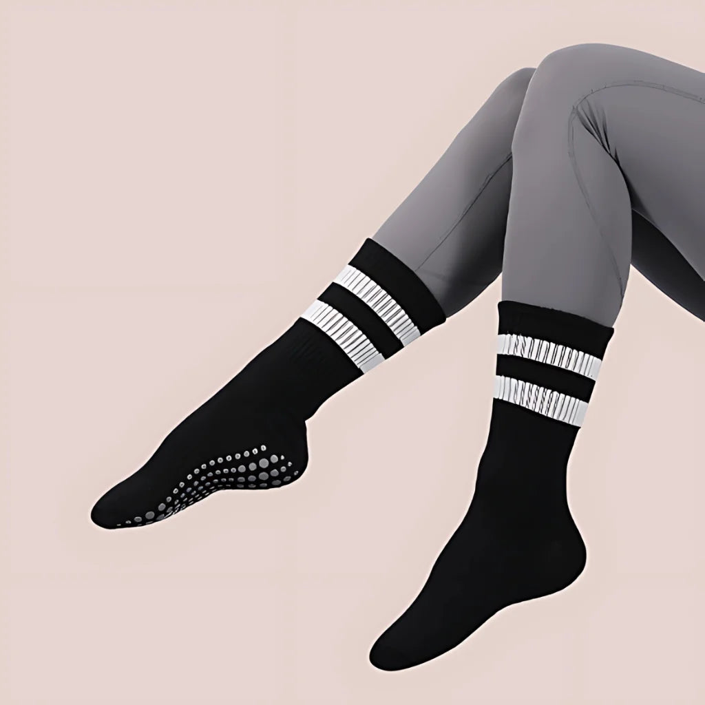 BREATHABLE COTTON YOGA SOCKS FOR WOMEN - 2 White Stripes Against Black / One Size - Yoga Socks