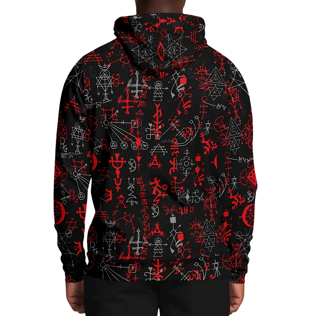 MYSTICAL SYMBOLS YOGA HOODIE WITH SACRED GEOMETRY PATTERN