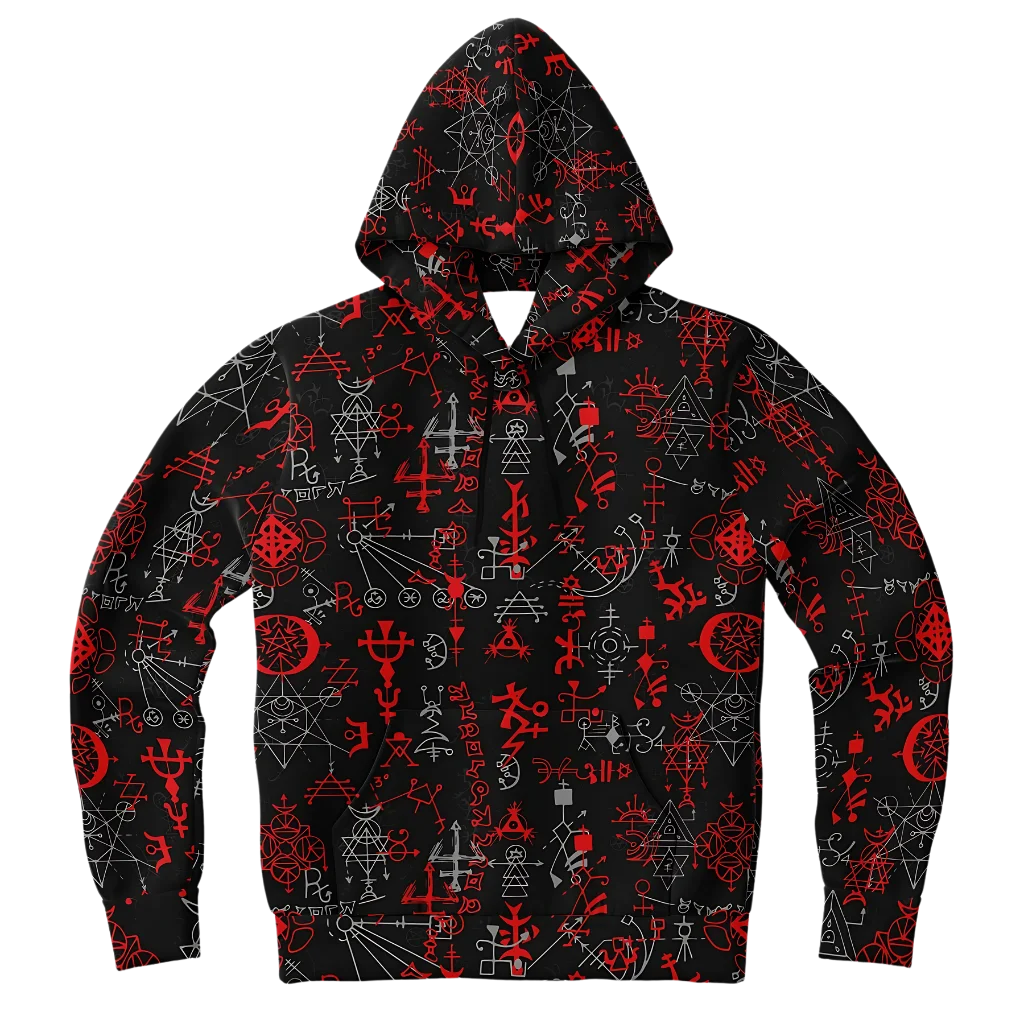 MYSTICAL SYMBOLS YOGA HOODIE WITH SACRED GEOMETRY PATTERN