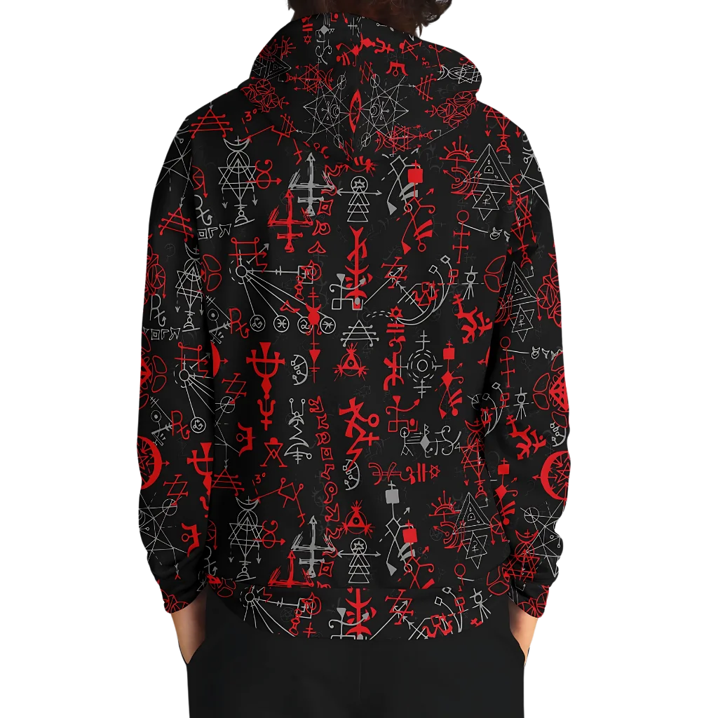 MYSTICAL SYMBOLS YOGA HOODIE WITH SACRED GEOMETRY PATTERN