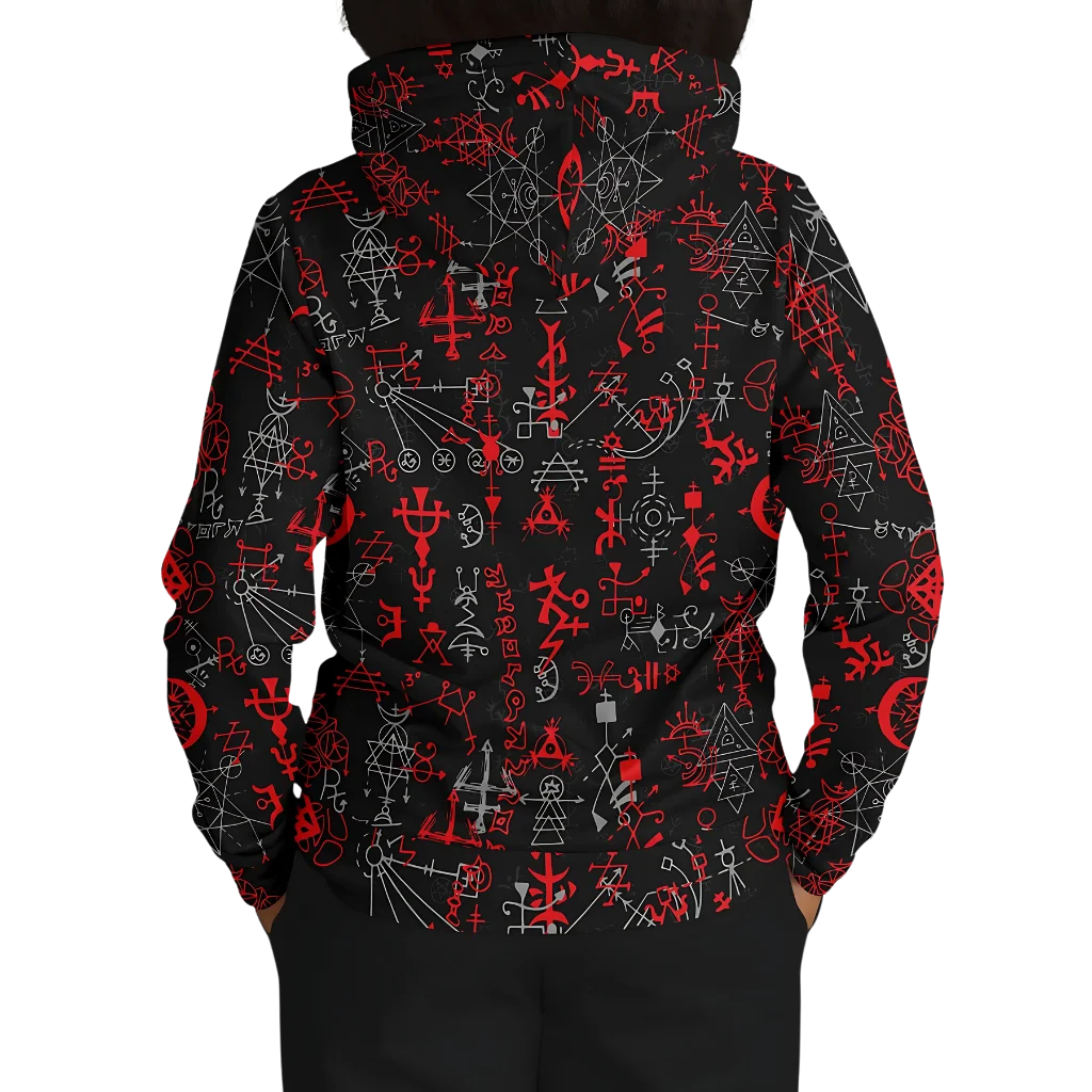 MYSTICAL SYMBOLS YOGA HOODIE WITH SACRED GEOMETRY PATTERN
