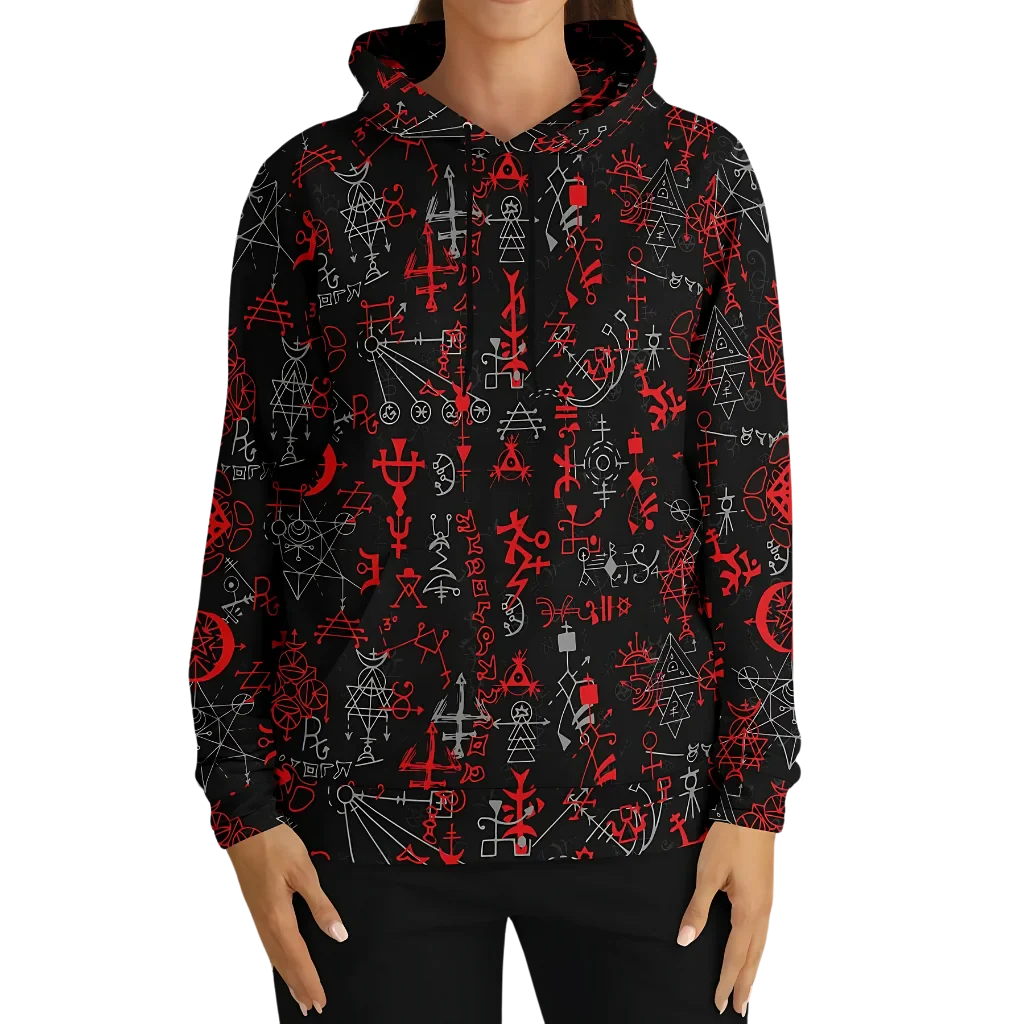 MYSTICAL SYMBOLS YOGA HOODIE WITH SACRED GEOMETRY PATTERN