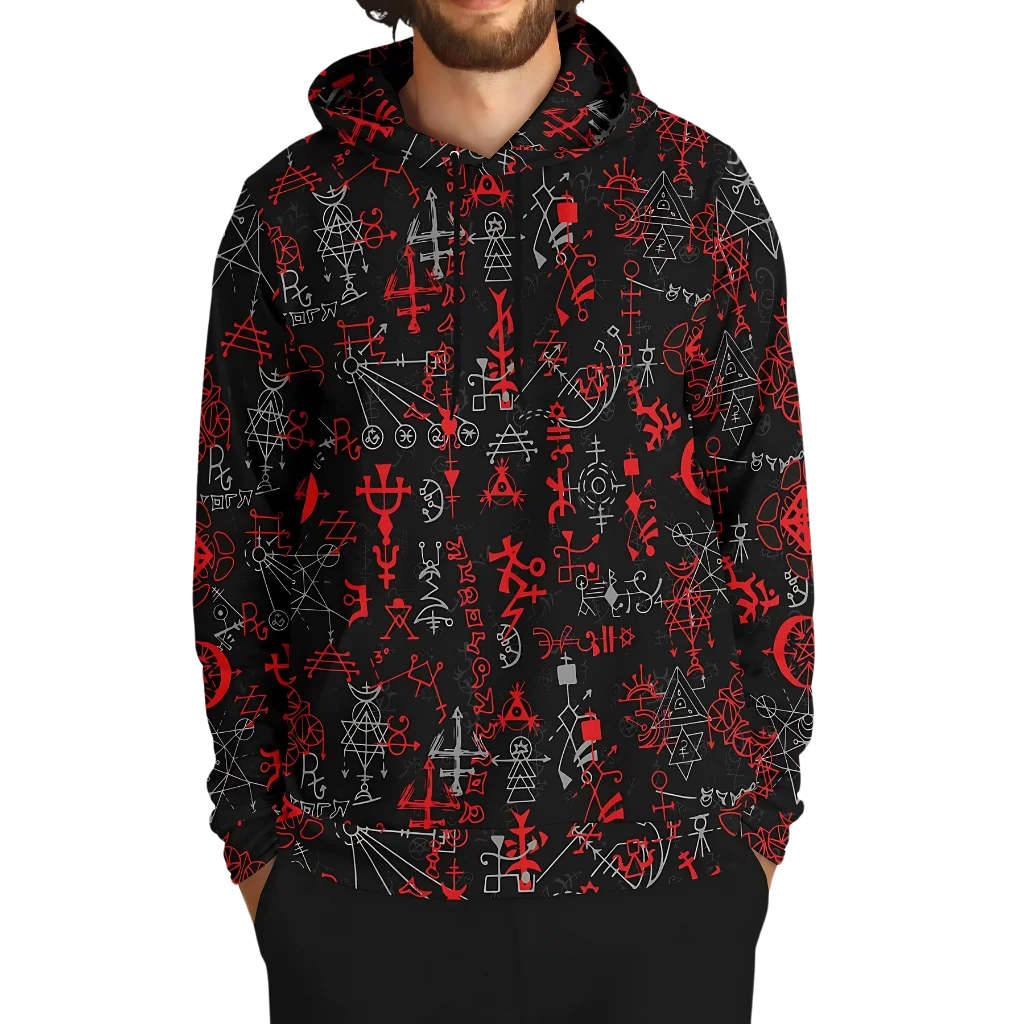 MYSTICAL SYMBOLS YOGA HOODIE WITH SACRED GEOMETRY PATTERN