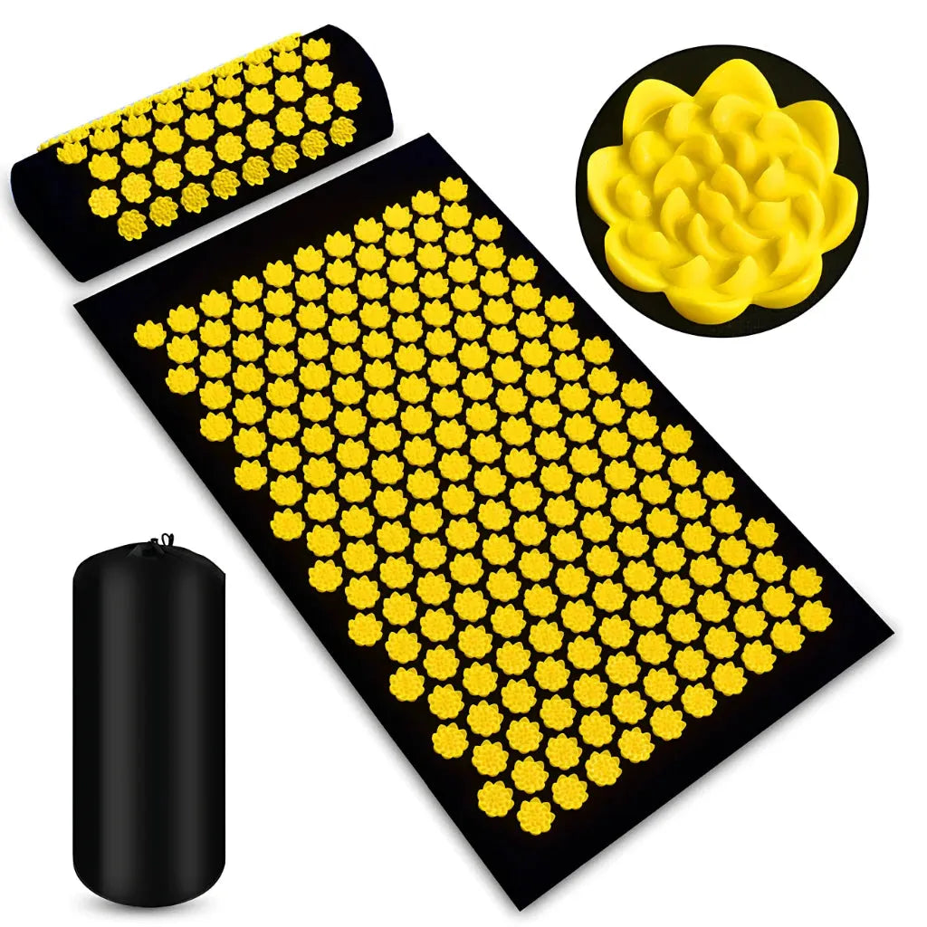 PREMIUM ACUPRESSURE MAT AND PILLOW SET FOR DEEP RELAXATION - Black and yellow - acupressure mat