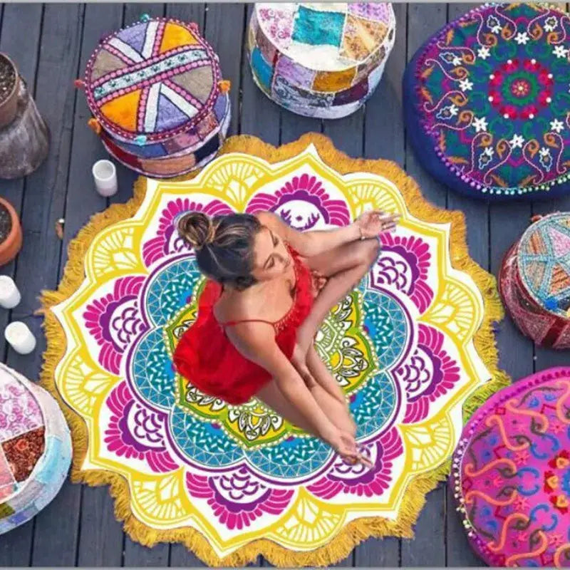 BOHO ROUND BEACH YOGA MAT WITH ETHNIC PRINT & TASSELS