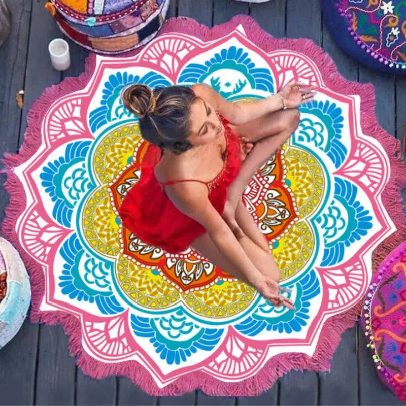 BOHO ROUND BEACH YOGA MAT WITH ETHNIC PRINT & TASSELS