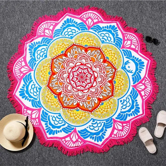 BOHO ROUND BEACH YOGA MAT WITH ETHNIC PRINT & TASSELS