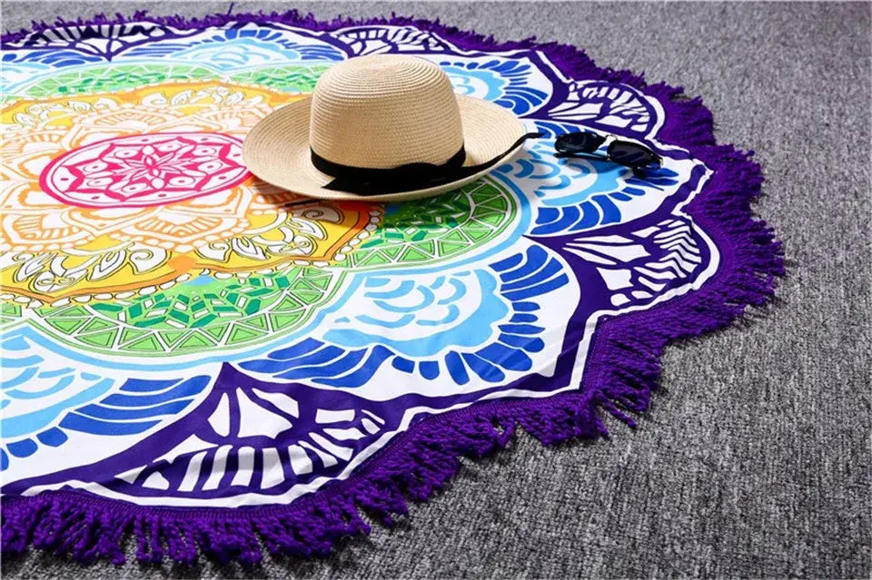BOHO ROUND BEACH YOGA MAT WITH ETHNIC PRINT & TASSELS