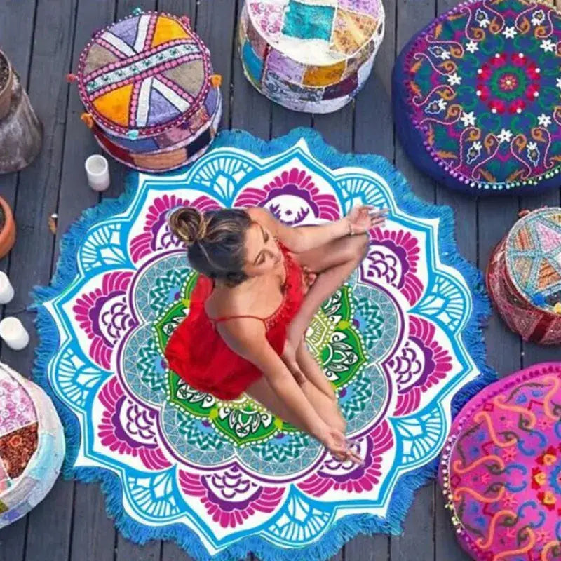 BOHO ROUND BEACH YOGA MAT WITH ETHNIC PRINT & TASSELS