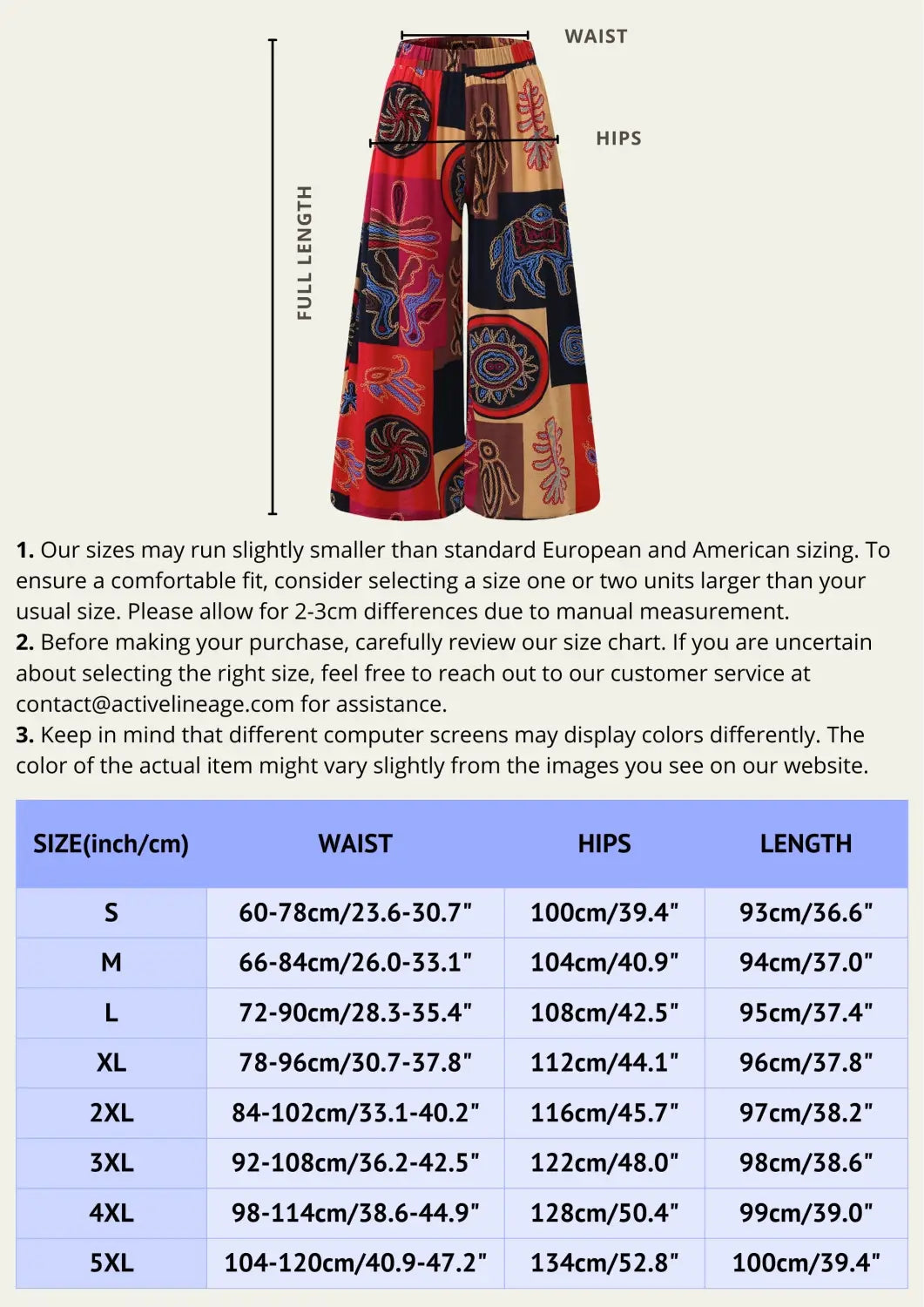 LOOSE PRINTED BUDDHA YOGA TROUSERS SIZE GUIDE