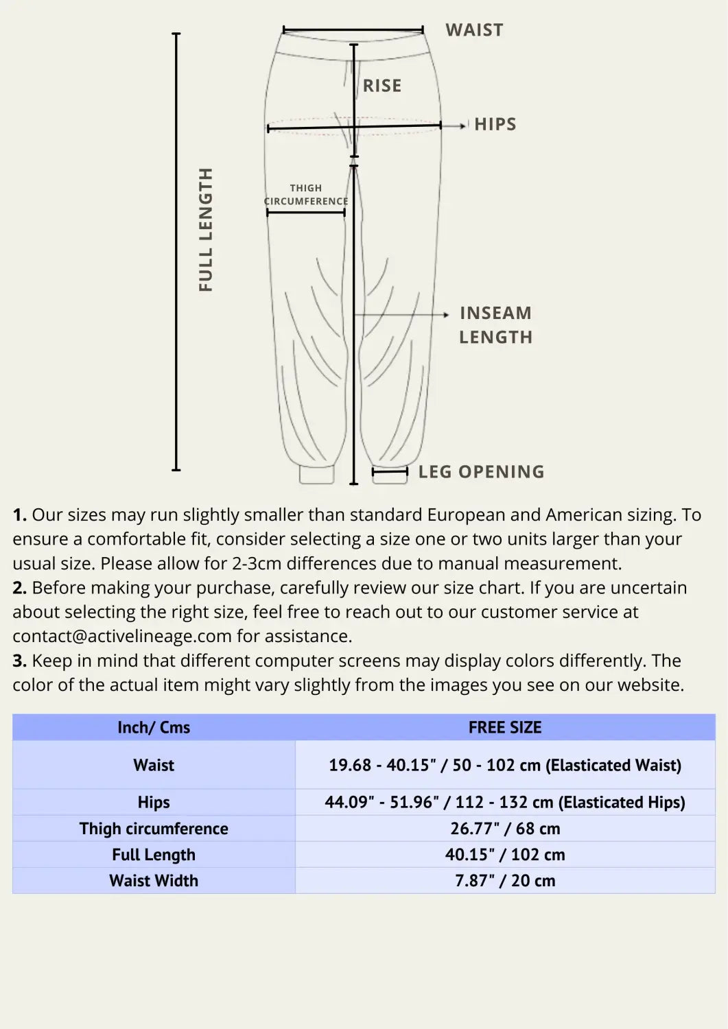 LOOSE TAPERED BLOOMERS SIZE GUIDE