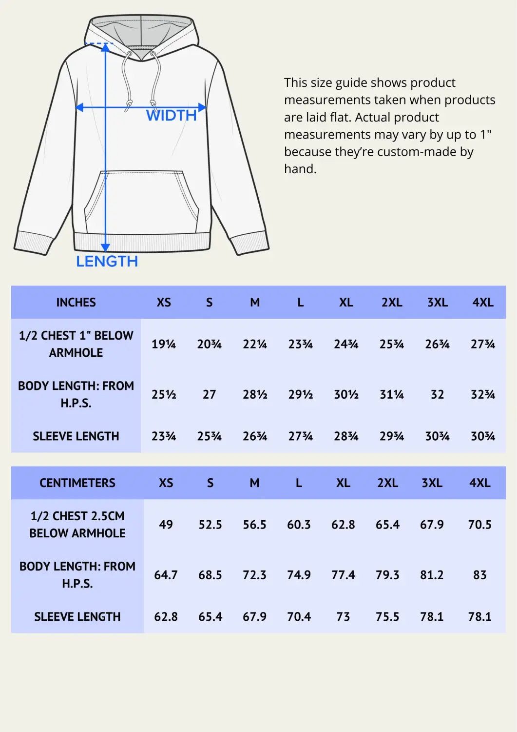 UNISEX YOGA HOODIE SIZE GUIDE