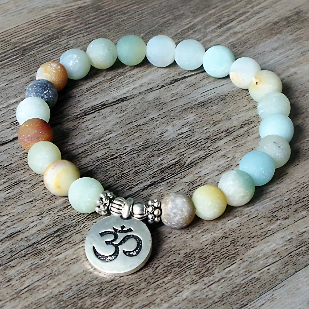 AMAZONITE HEALING BEAD BRACELET WITH OM & LOTUS CHARMS - Bracelet