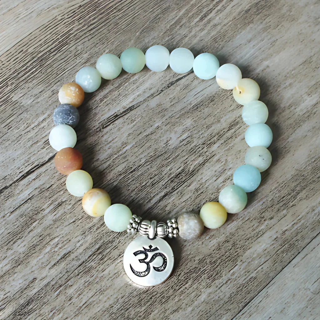 AMAZONITE HEALING BEAD BRACELET WITH OM & LOTUS CHARMS - Bracelet