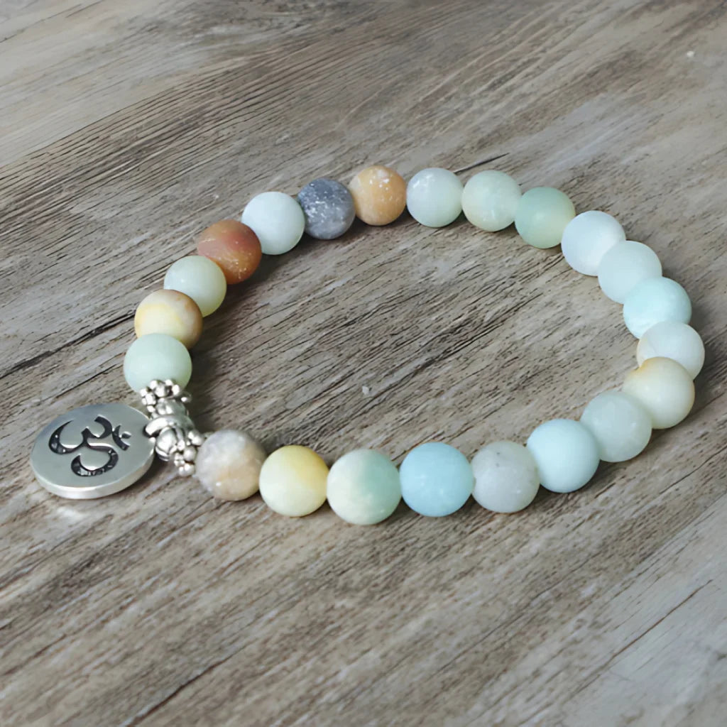 AMAZONITE HEALING BEAD BRACELET WITH OM & LOTUS CHARMS - Bracelet