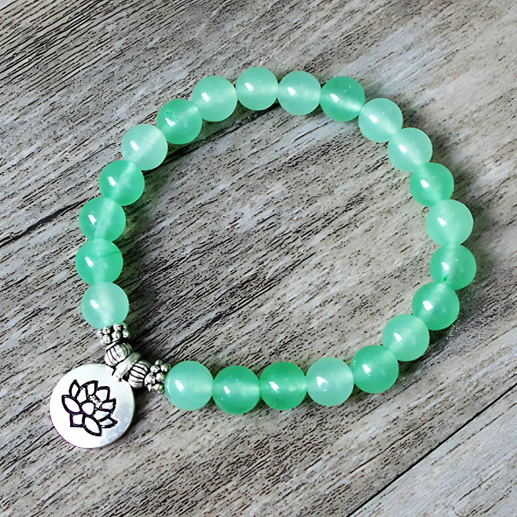 AMAZONITE HEALING BEAD BRACELET WITH OM & LOTUS CHARMS - A Lotus - Bracelet