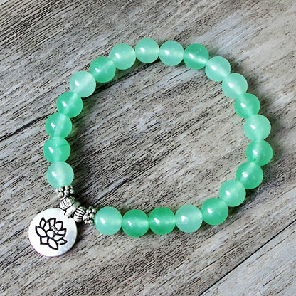 AMAZONITE HEALING BEAD BRACELET WITH OM & LOTUS CHARMS - A Lotus - Bracelet