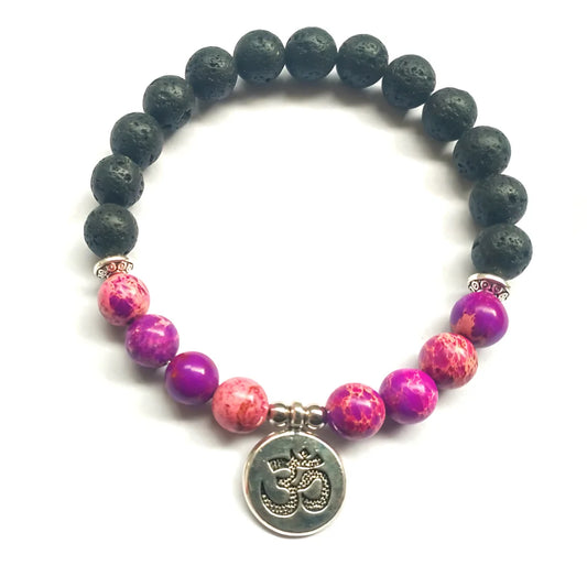 AMAZONITE HEALING BEAD BRACELET WITH OM & LOTUS CHARMS - A OM - Bracelet