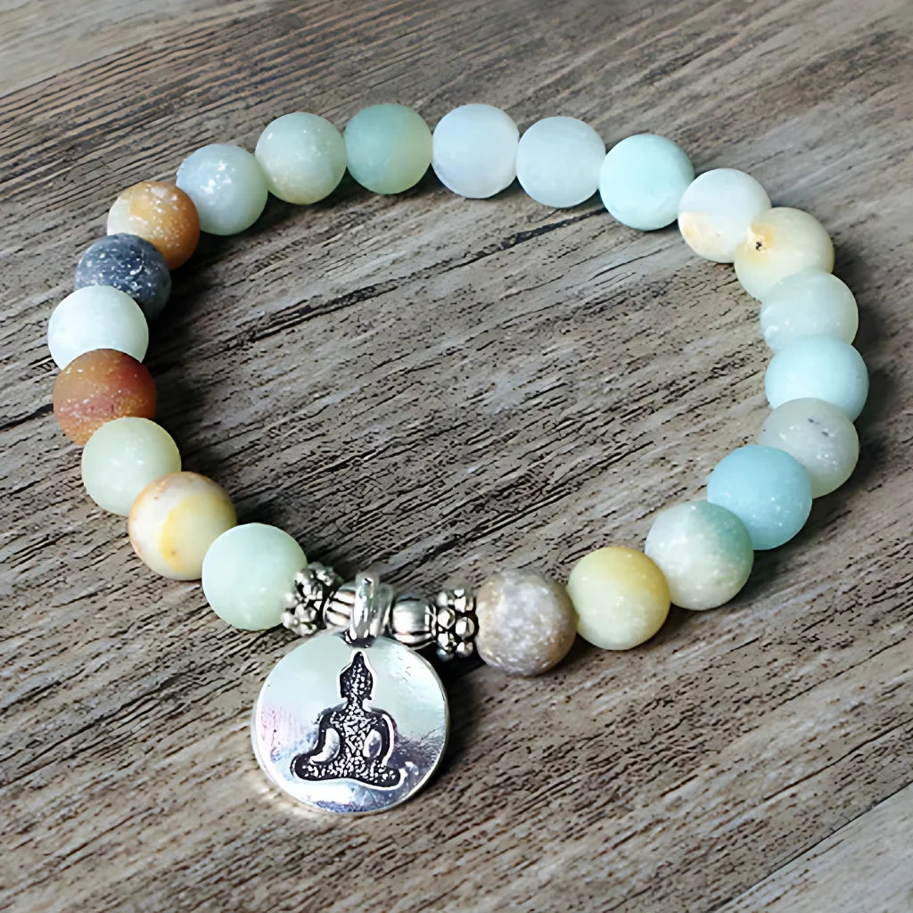 AMAZONITE HEALING BEAD BRACELET WITH OM & LOTUS CHARMS - Buddha - Bracelet