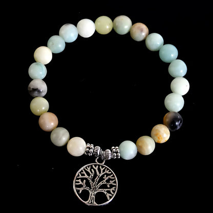 AMAZONITE HEALING BEAD BRACELET WITH OM & LOTUS CHARMS - Life Tree - Bracelet