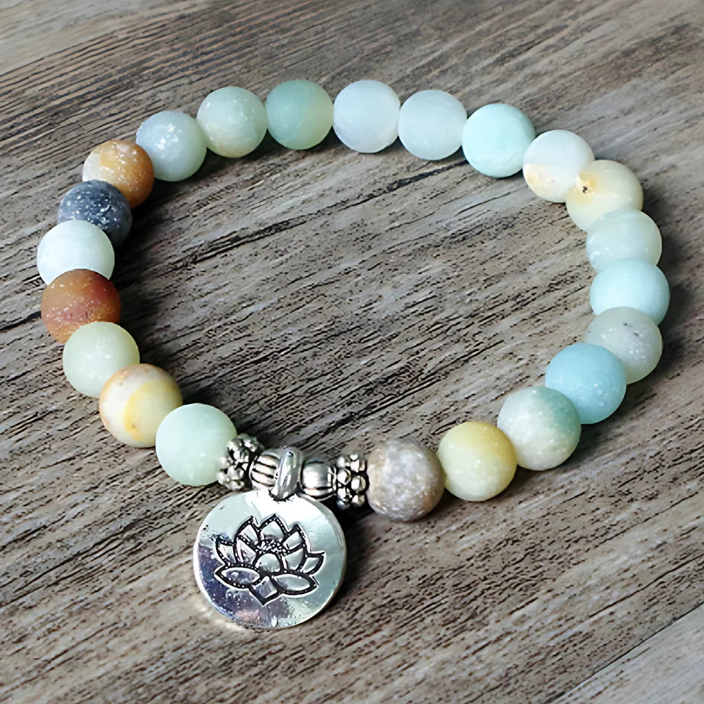 AMAZONITE HEALING BEAD BRACELET WITH OM & LOTUS CHARMS - Lotus - Bracelet