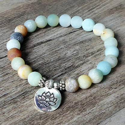 AMAZONITE HEALING BEAD BRACELET WITH OM & LOTUS CHARMS - Lotus - Bracelet