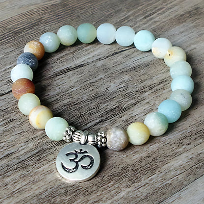 AMAZONITE HEALING BEAD BRACELET WITH OM & LOTUS CHARMS - OM - Bracelet