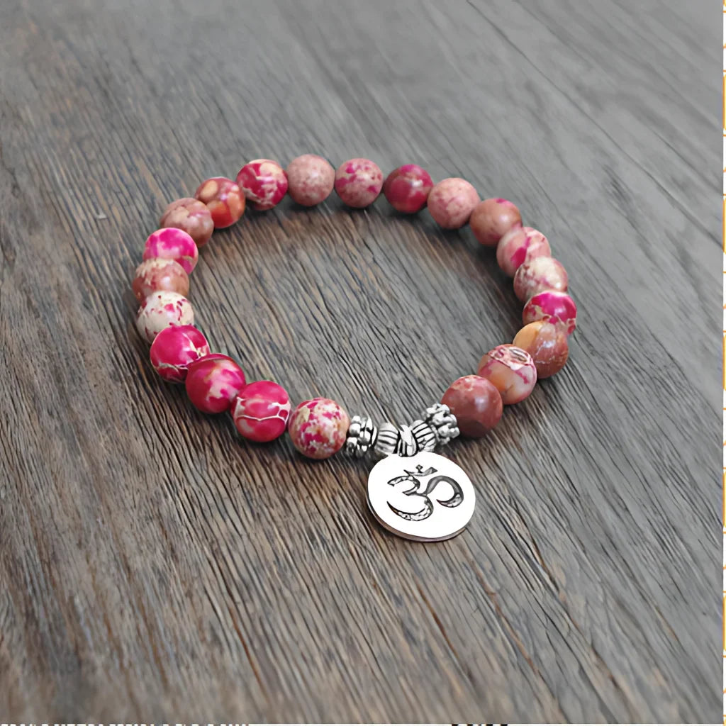 AMAZONITE HEALING BEAD BRACELET WITH OM & LOTUS CHARMS - Pink OM - Bracelet