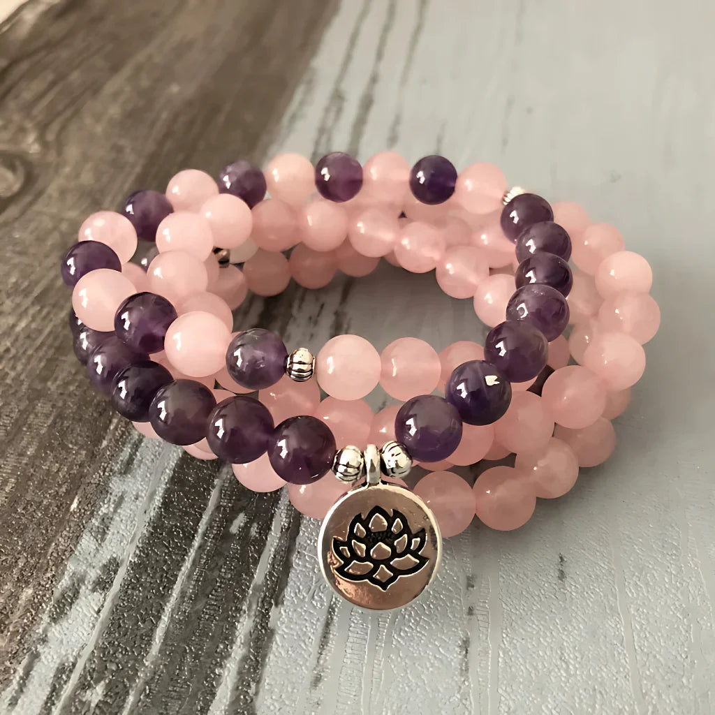 AMETHYST LOTUS MALA BEADED WRAP BRACELET FOR SPIRITUALITY - Lotus - Bracelet