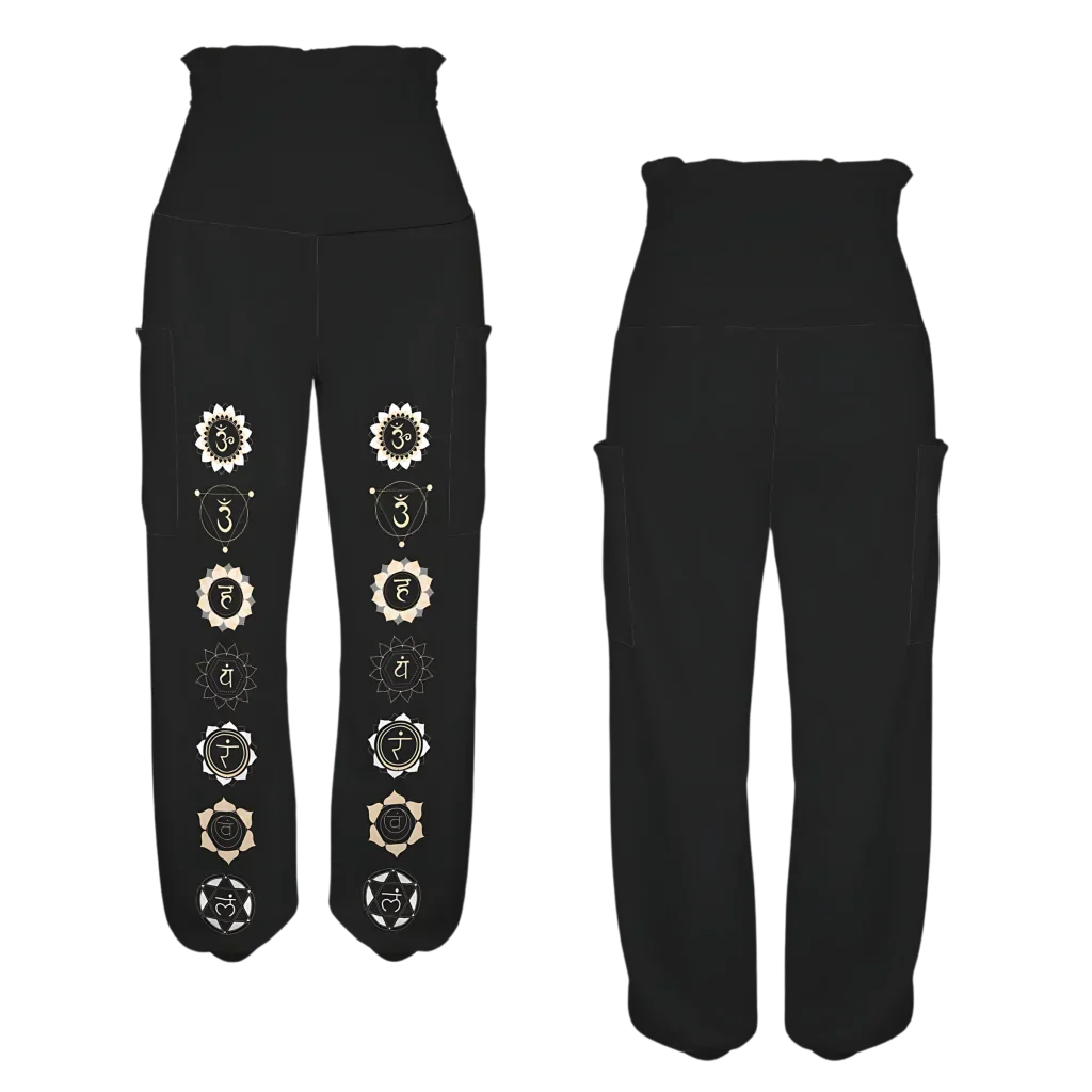 Black harem pants with decorative white circular patterns down the legs, front-back view - BLACK ALADDIN PANTS FOR LADIES WITH CHAKRA PRINT