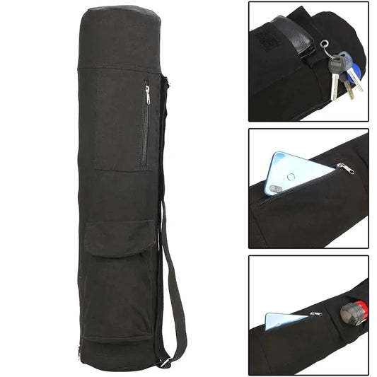 Black Canvas Yoga Bag For Mat With Pockets - Black