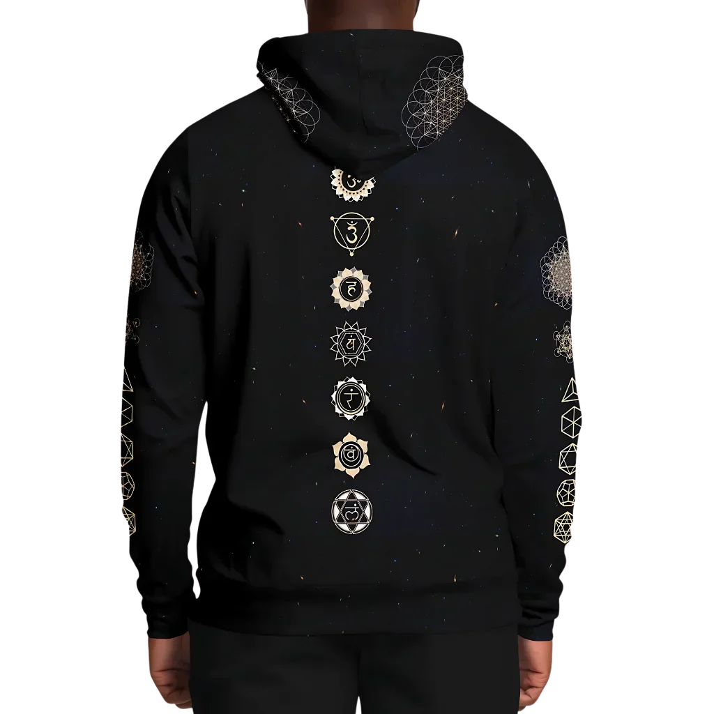 Black Unisex Hoodie With Hamsa And Sacred Geometry