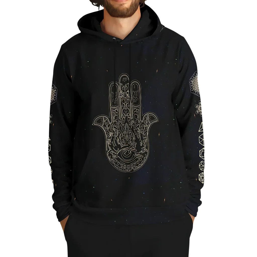Black Unisex Hoodie With Hamsa And Sacred Geometry
