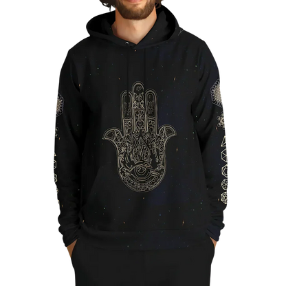 Black Unisex Hoodie With Hamsa And Sacred Geometry