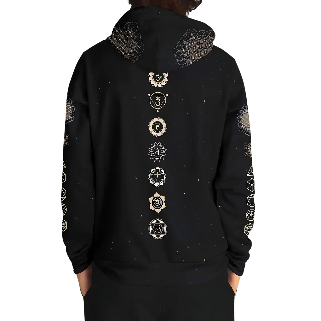 Black Unisex Hoodie With Hamsa And Sacred Geometry