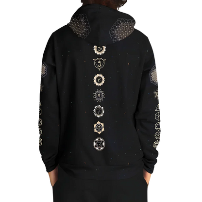 Black Unisex Hoodie With Hamsa And Sacred Geometry