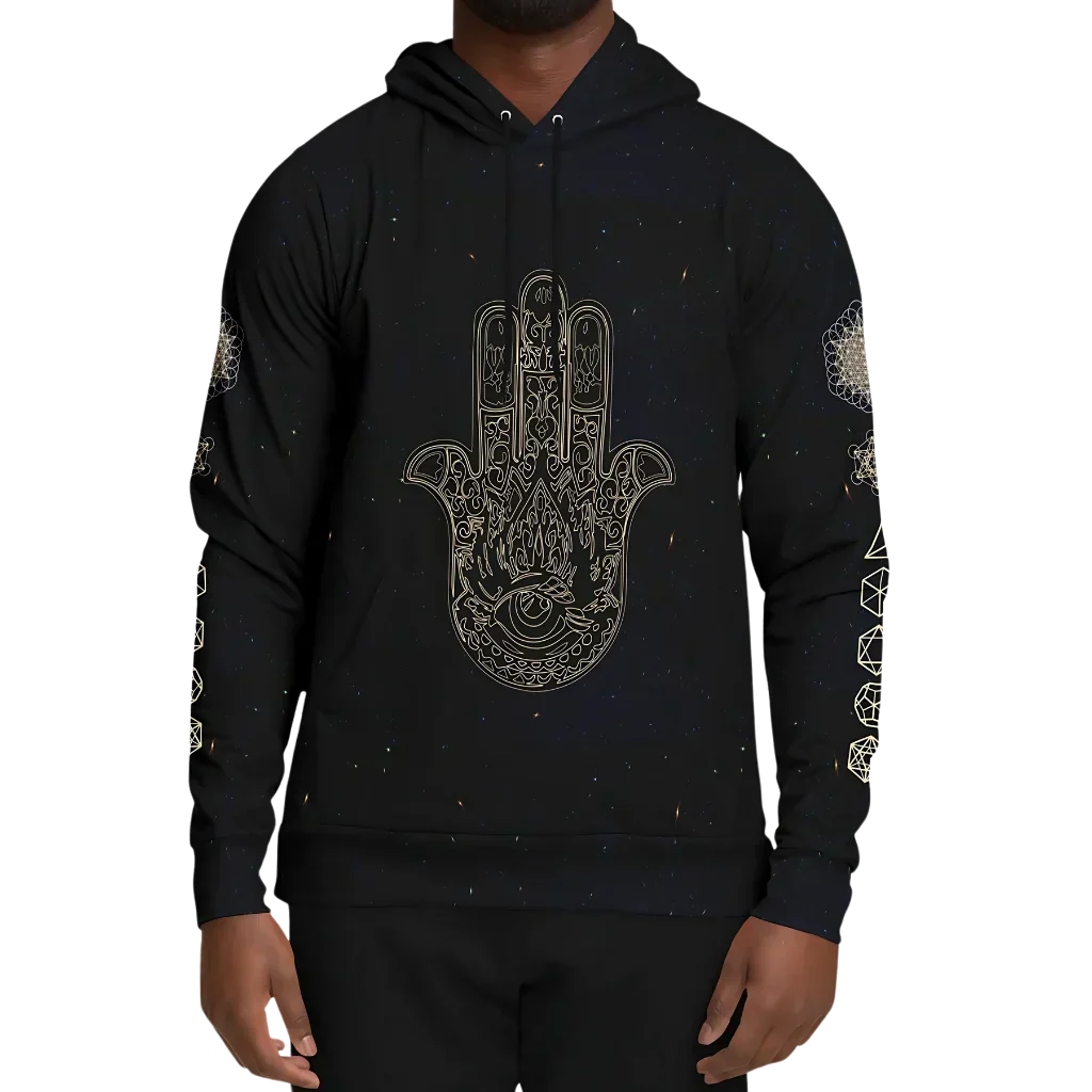 Black Unisex Hoodie With Hamsa And Sacred Geometry