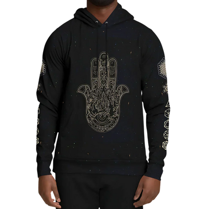 Black Unisex Hoodie With Hamsa And Sacred Geometry