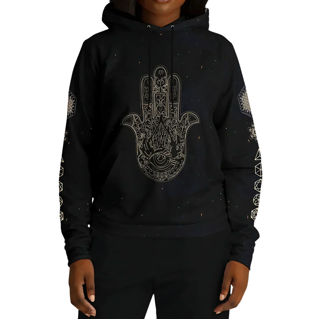 Black Unisex Hoodie With Hamsa And Sacred Geometry