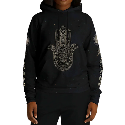 Black Unisex Hoodie With Hamsa And Sacred Geometry