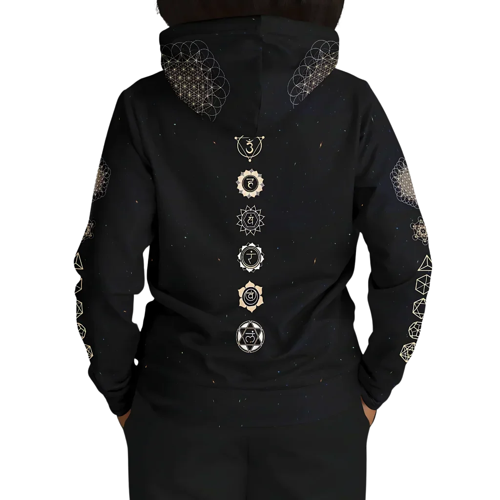Black Unisex Hoodie With Hamsa And Sacred Geometry