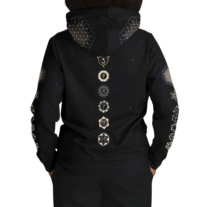 Black Unisex Hoodie With Hamsa And Sacred Geometry