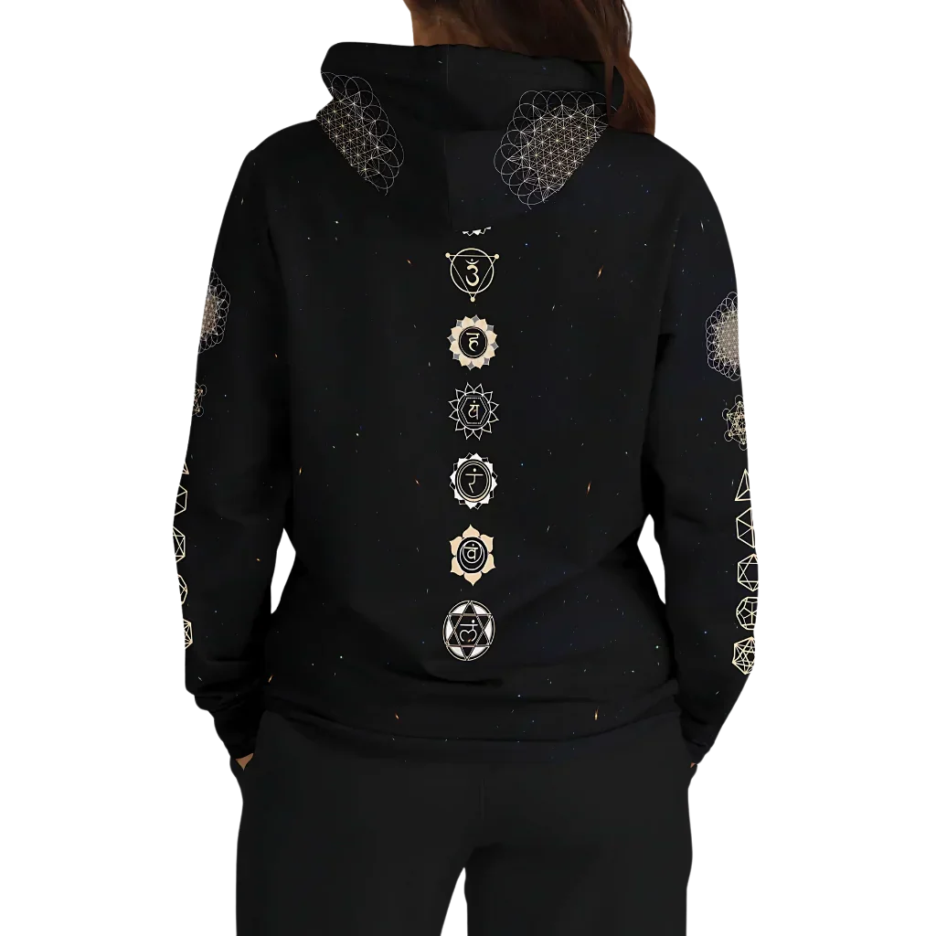 Black Unisex Hoodie With Hamsa And Sacred Geometry