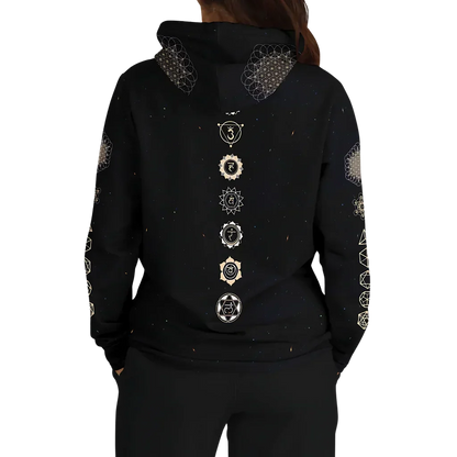 Black Unisex Hoodie With Hamsa And Sacred Geometry