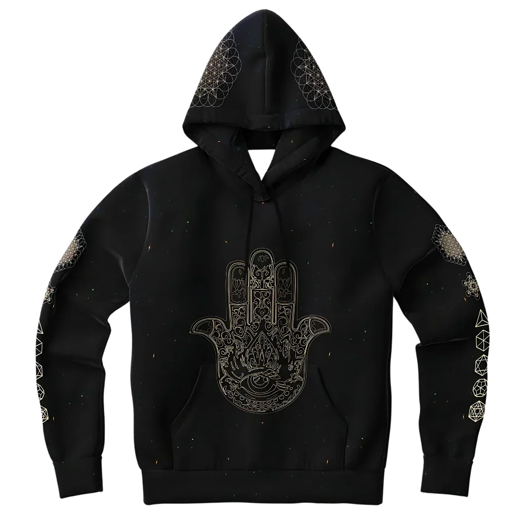 Black Unisex Hoodie With Hamsa And Sacred Geometry