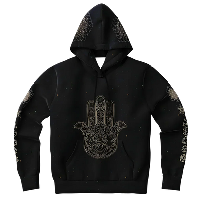 Black Unisex Hoodie With Hamsa And Sacred Geometry