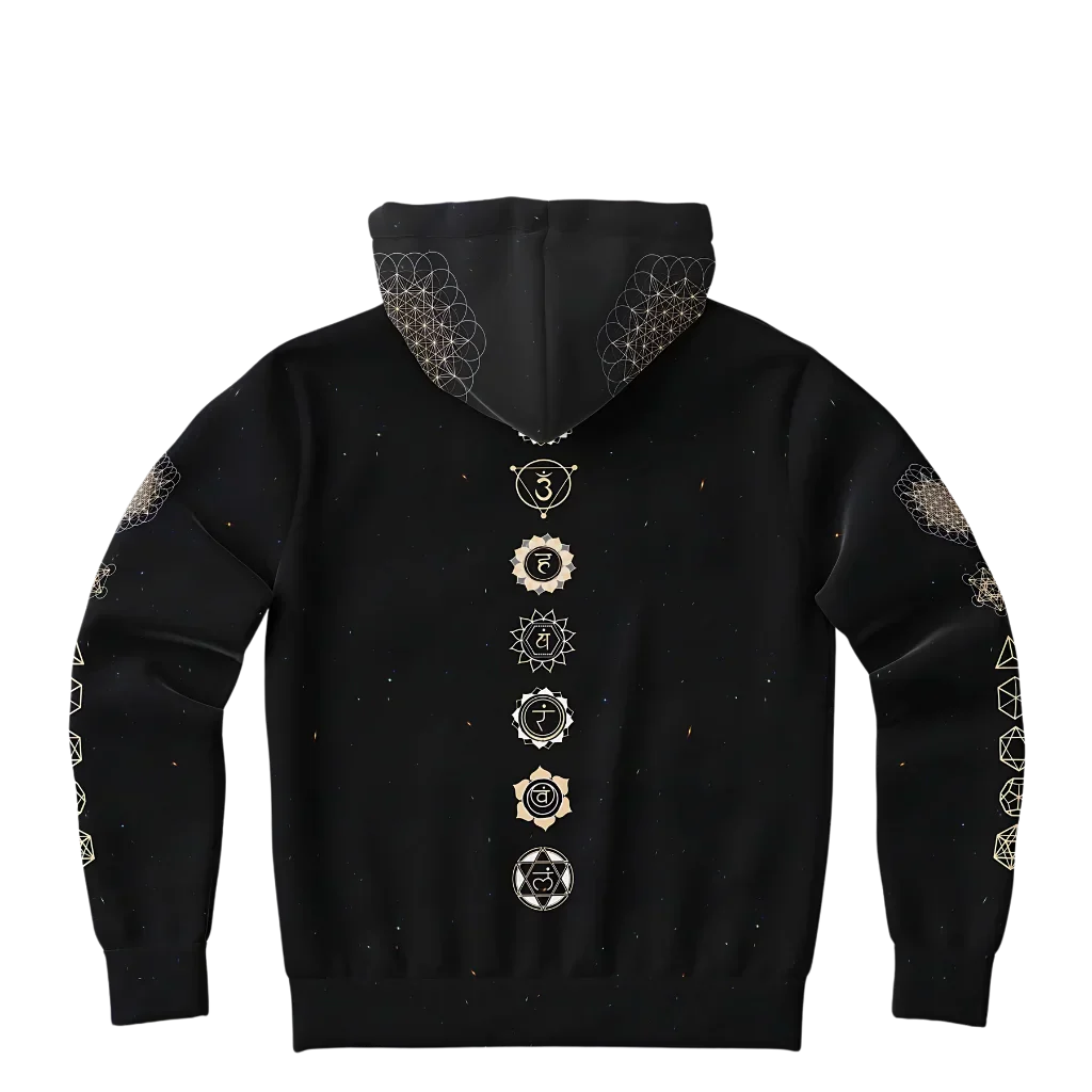 Black Unisex Hoodie With Hamsa And Sacred Geometry
