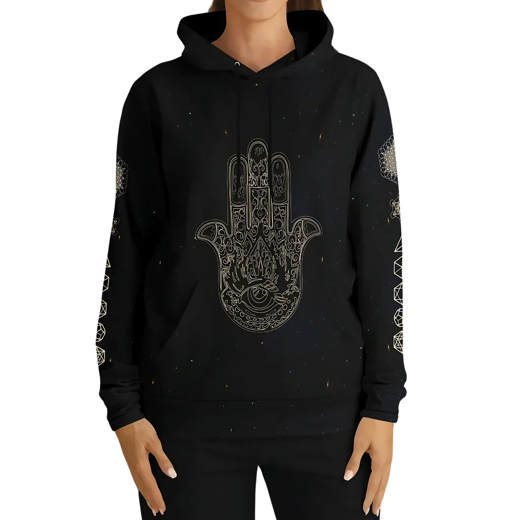 Black Unisex Hoodie With Hamsa And Sacred Geometry